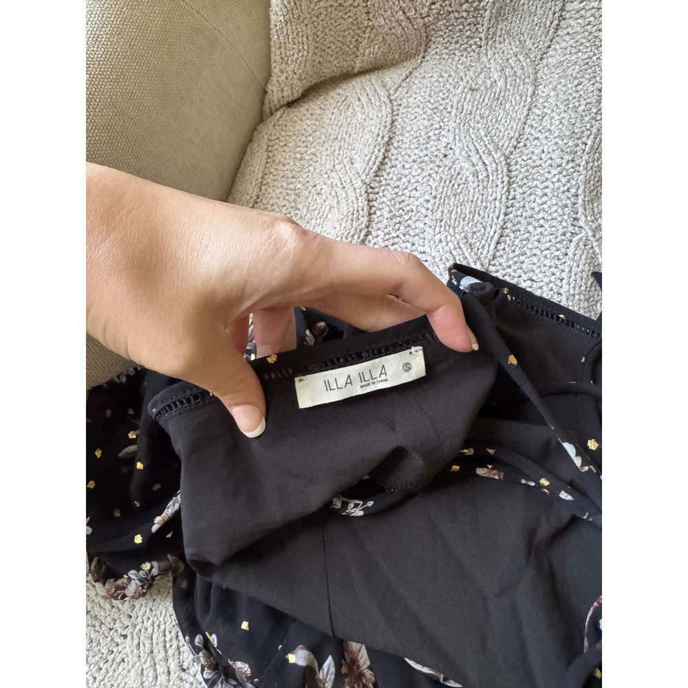 Illa Illa Black Floral Gold Foil Polka Dot Open Back Ruffle Mini Dress Small - Picture 2 of 4